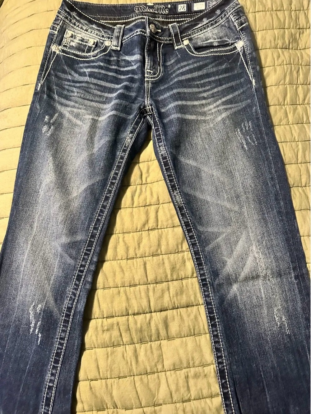 Miss Me Dark Blue Denim Jeans with White Contrast Stitching